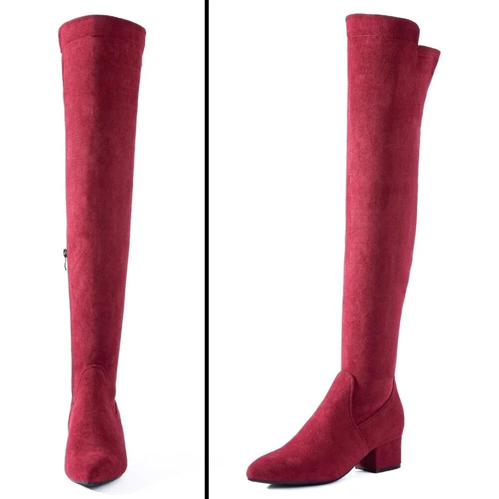 Women Red/2 Inch Heel Faux Suede Over The Knee Thigh High Low Block Heel Boot